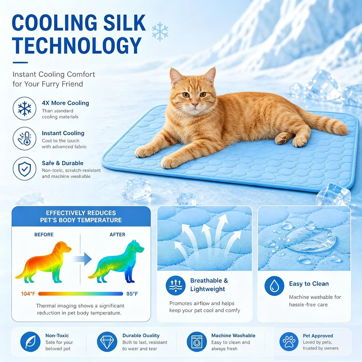 Self Cooling Pet Mat 37x27in for Dogs & Cats, Washable Cooling Pad