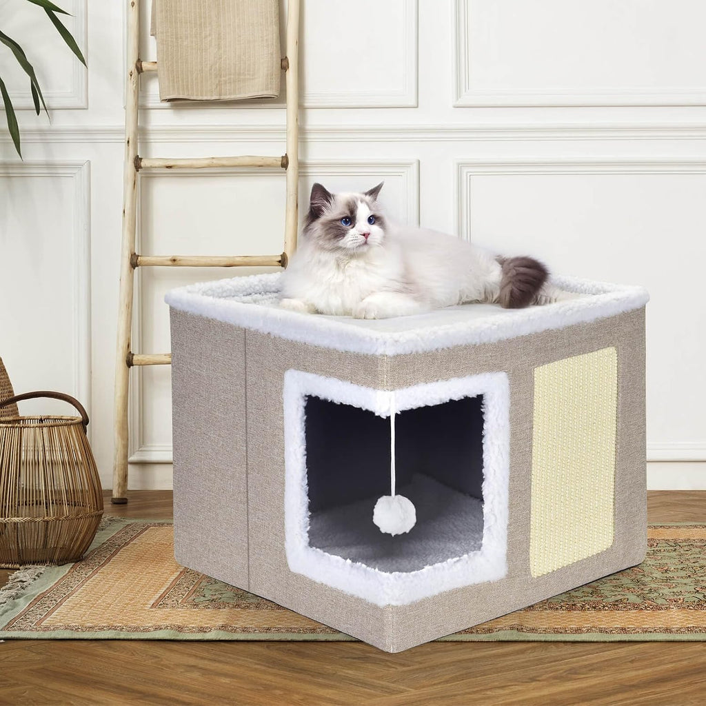 petizer Cat Bed for Indoor Cats, Large Covered Cat House with Scratch Pad, Foldable Cat Cave Bed & Hideaway Cube with Reversible Cushions, Cute Cat Condo for Multi Small Pet Kitten (Khaki)