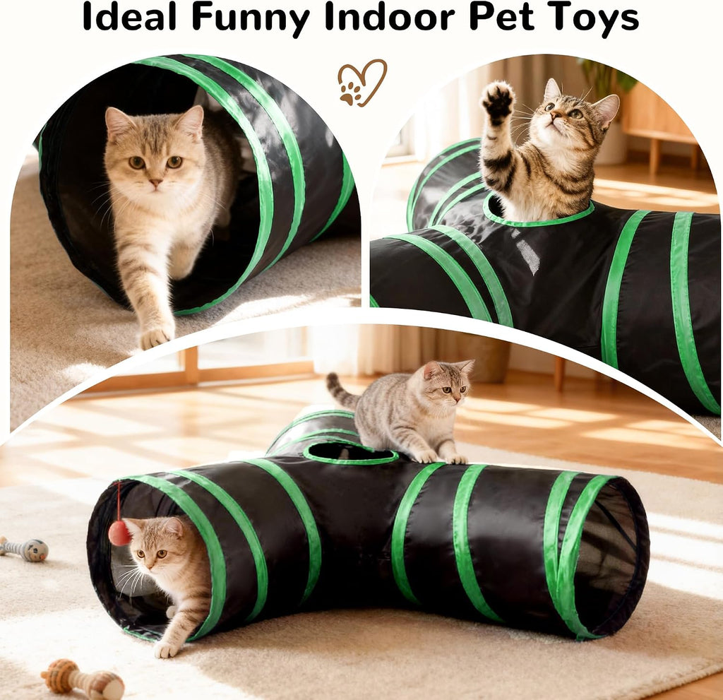 Tempcore Cat Tunnel, 3-Way Collapsible Toy, Large Size Black & Green | Large Size 3-Way Cat Tunnel Provides More Room for Cats to Run, Hide and Chase, with Peek Holes, Hanging Ball and Teaser Wand