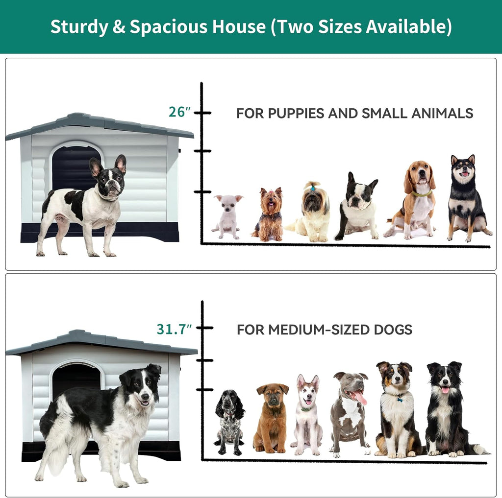 DWVO 2-Door Large Dog House with Elevated Base & Cushion, Weather-Resistance Dog Bed House for Indoor/Outdoor Use, Easy Assembly Pet House for Small to Large Dogs (43.7''L x 33''W x 31.6''H)