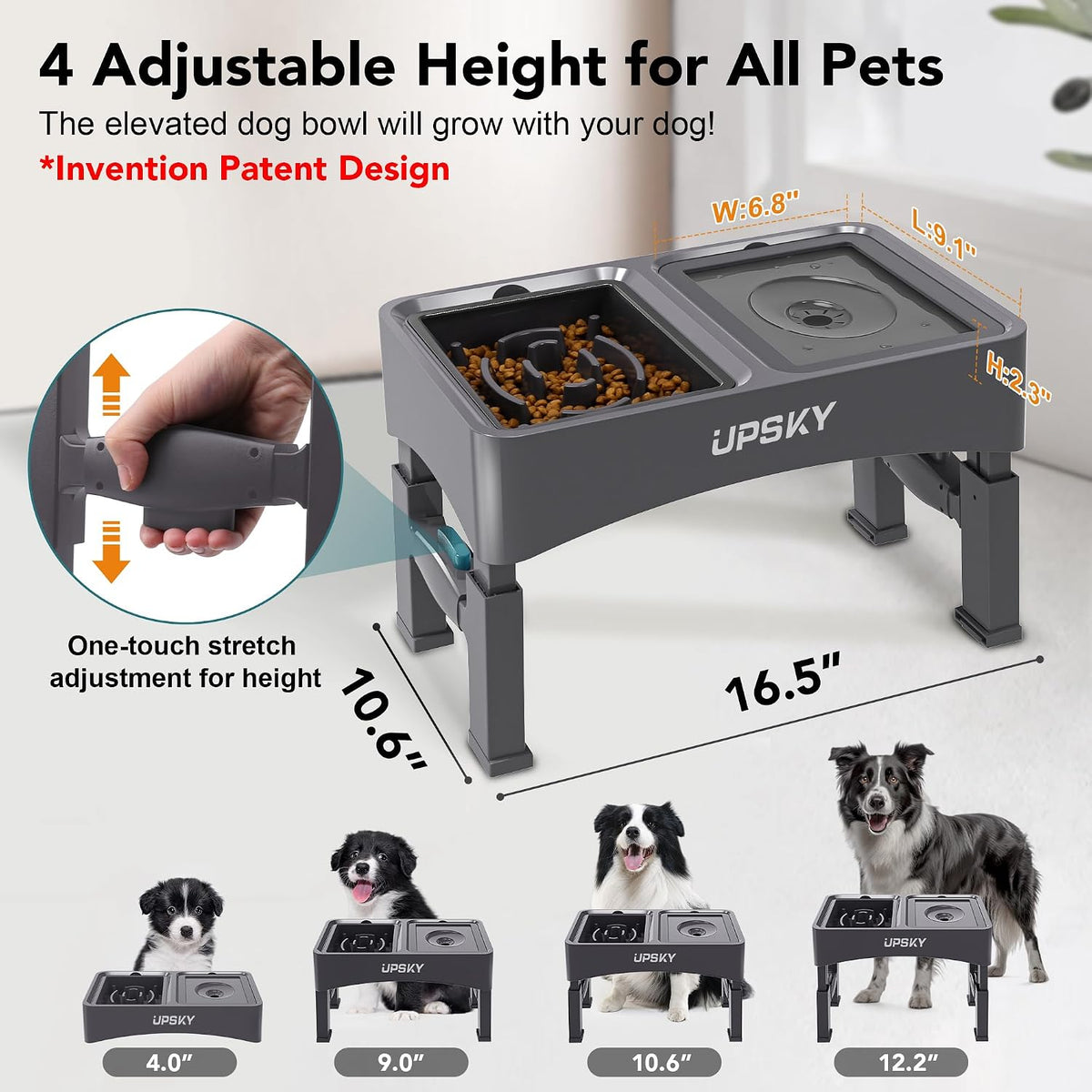 UPSKY 2-in-1 Elevated Dog Bowls Set with 4 Height Adjustable Stand, Gray