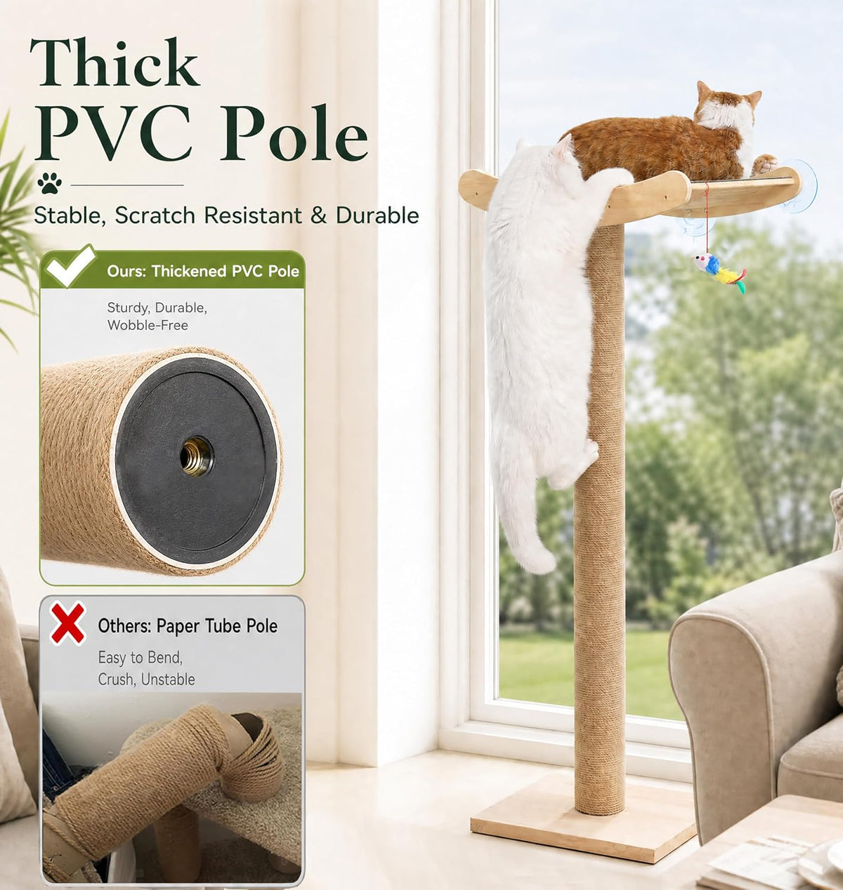 Cat Window Perch with Scratching Posts, 46-Inch Wooden Tree for Large Cats