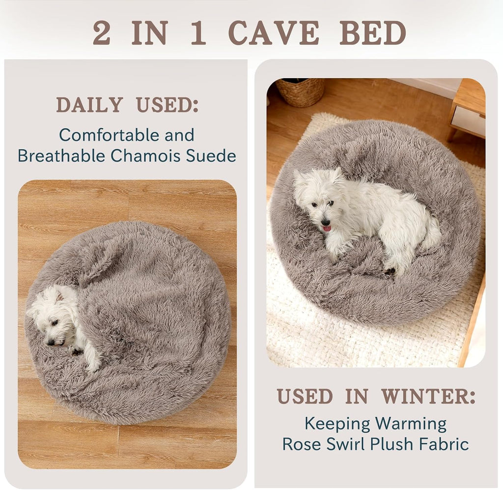 NOYAL Calming Donut Dog Bed, Hooded Cave with Blanket