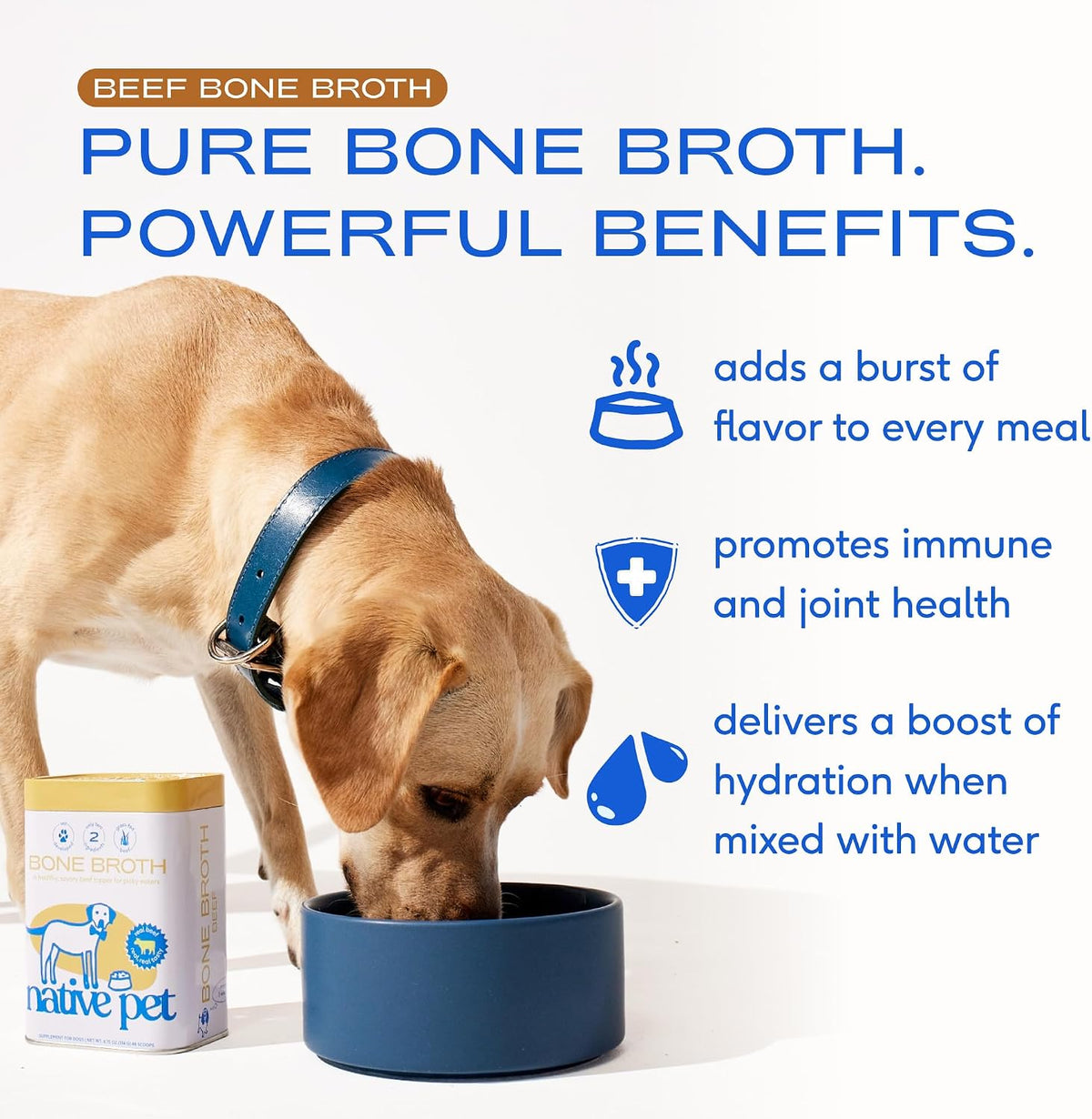 Native Pet Bone Broth for Dogs and Cats - Made with Real Beef Bone Broth, Dog Food Toppers for Picky Eaters - Provides Extra Hydration & Nutrition for Joint Strength, Immunity & Heart Health-96 Scoops