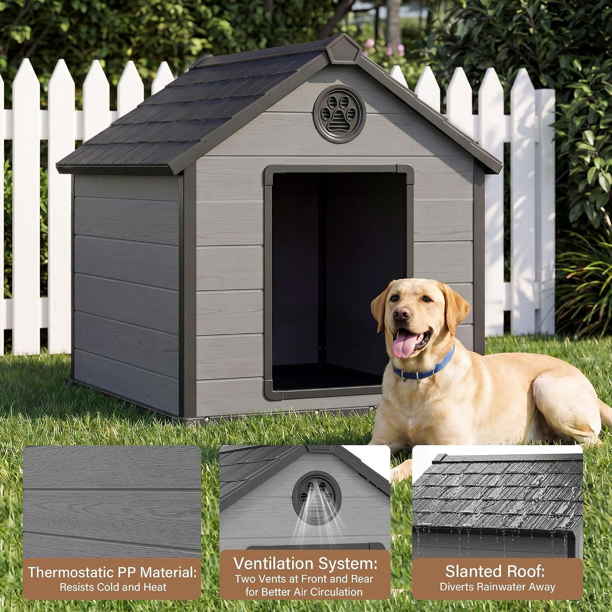 Bifanuo Extra Large Dog House for Outdoor, Weatherproof Dog House for Large Breed with Air Vents & Elevated Floor, Easy Assemble and Clean (Black, 42''L×44.5''W×42''H)