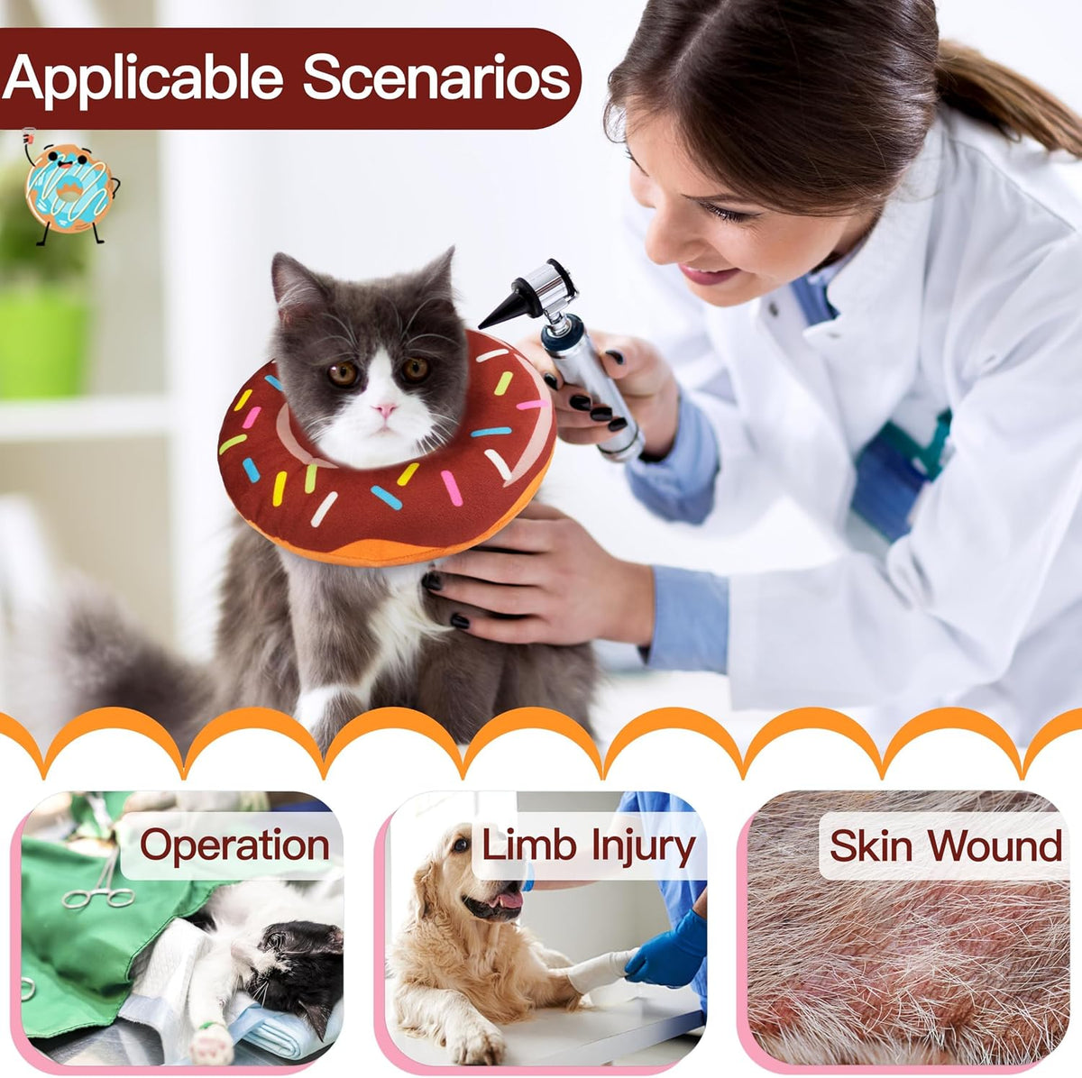 Cat Cone Collar Soft, Cute Cat Donut Collar After Surgery, Adjustable Kitten Recovery Cones to Stop Licking, Lightweight Neck Elizabethan Collars for Cats Kittens (Brown, Large)