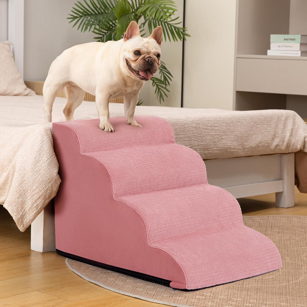 4-Step Dog Stairs for Bed or Couch, Pink Pet Ramp for Small Dogs, Cats