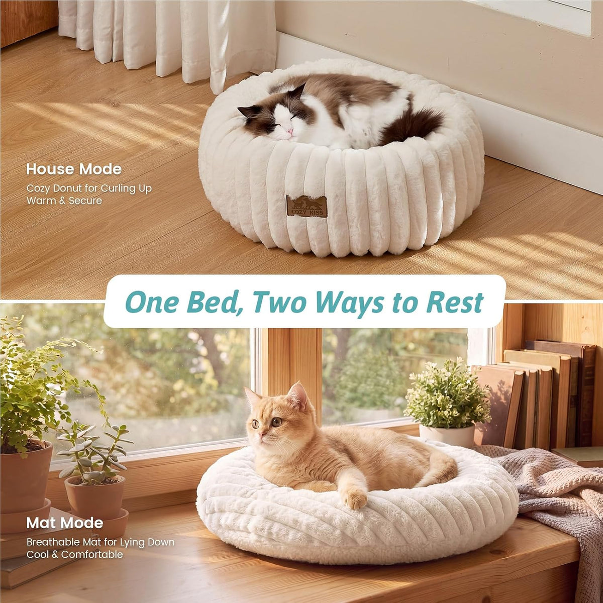 COZY KISS Calming Cat Bed, Donut Kitten Bed, Small Round Dog Bed 20in Cream