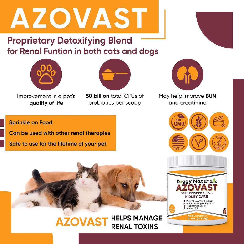Azovast Powder Kidney Restores & Kidney Powder for Dogs & Cats, (4 Oz) - (175 Scoop/Jar) NO Refrigeration Required - Help Support Kidney Function & Manage Renal Toxins (Made in U.S.A) (4 Oz)