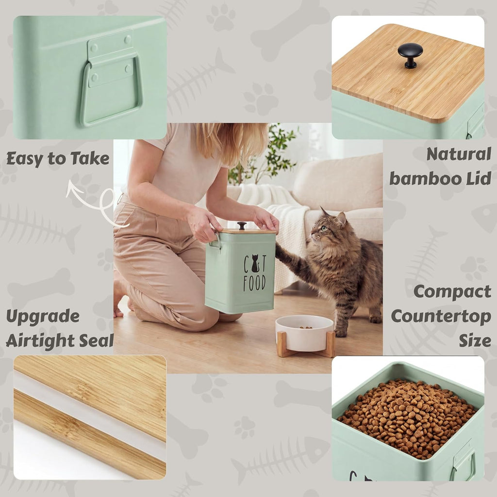 PERFNIQUE Cat Food Storage Container, Airtight Cat Treat Container with Bamboo Lid, Pet Food Storage for Kitchen Countertop, Treat Jars for Pets, Cat Food Container (Sage Green, with Spoon)