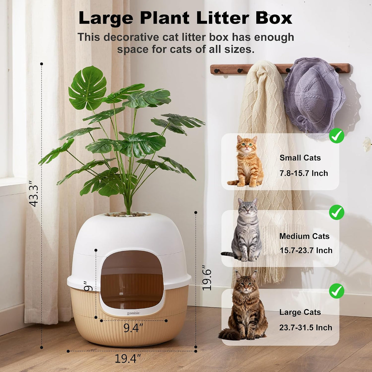 ZOMISIA Hidden Cat Litter Box Enclosure with Faux Plant and Odor Control