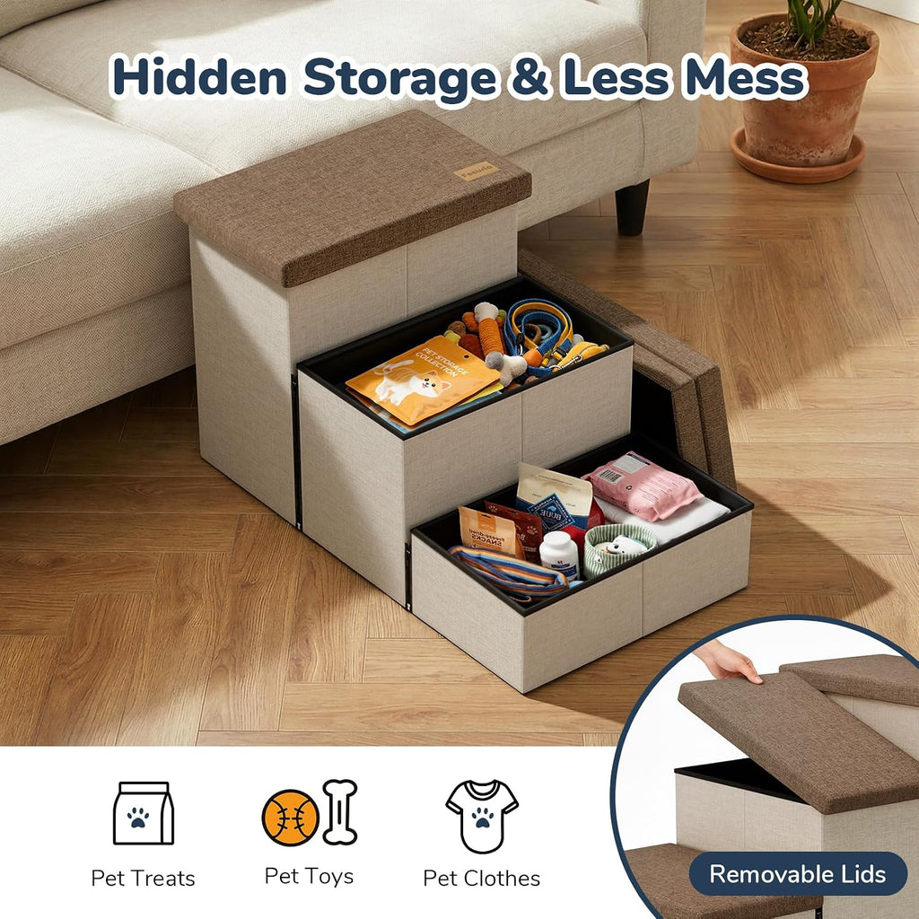 3-Step Wide Dog Stairs with Hidden Storage 18" H, Non-Slip Dog Steps for High Bed Couch Car, Jiont-Friendly Pet Stairs Ramp for Small/Medium/Large Old Dogs Cats Up to 220lbs, Beige&Coffee Lid