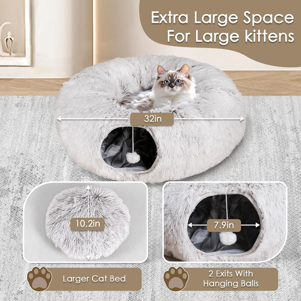 Peekaboo Cat Cave with Washable Mat, Collapsible Cat Play Tunnel for Kittens & Small Pets, Plush Cat Donut Bed Tunnel, Brown