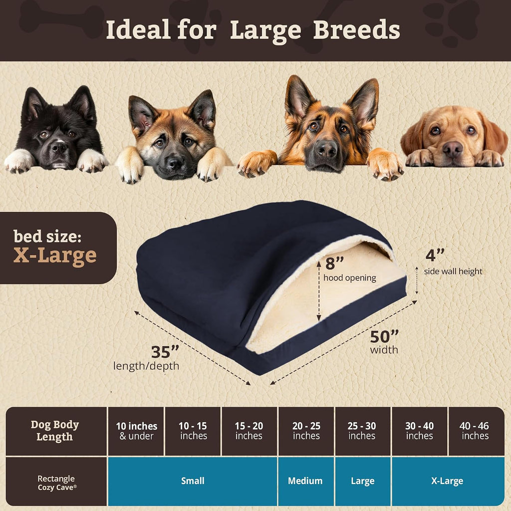 Snoozer Rectangle Cozy Cave Dog Bed, Hooded Dog Bed, Navy (XL)