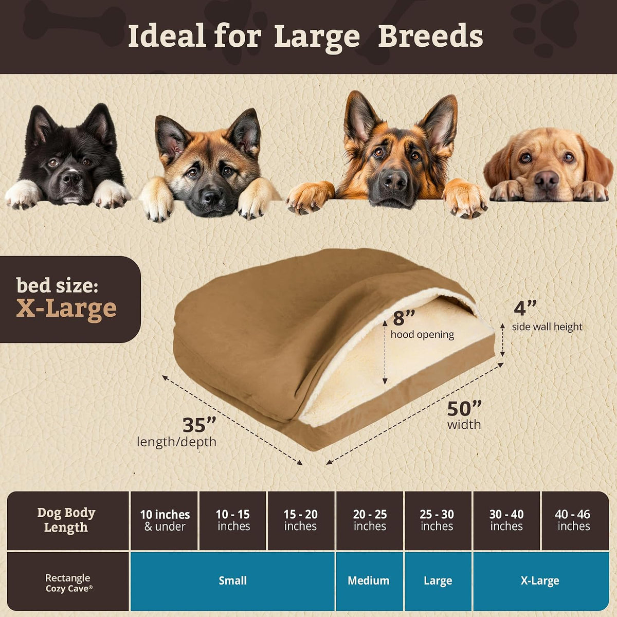Snoozer Rectangle Cozy Cave Dog Bed, Hooded Dog Bed, Camel (XL)