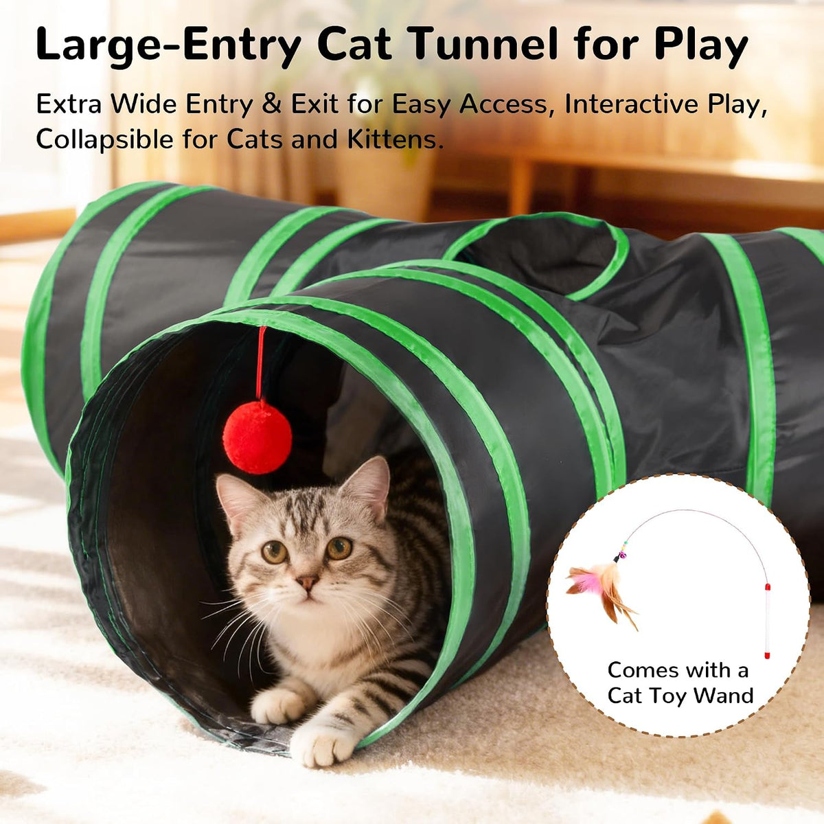 Tempcore Cat Tunnel, 3-Way Collapsible Toy, Large Size Black & Green | Large Size 3-Way Cat Tunnel Provides More Room for Cats to Run, Hide and Chase, with Peek Holes, Hanging Ball and Teaser Wand