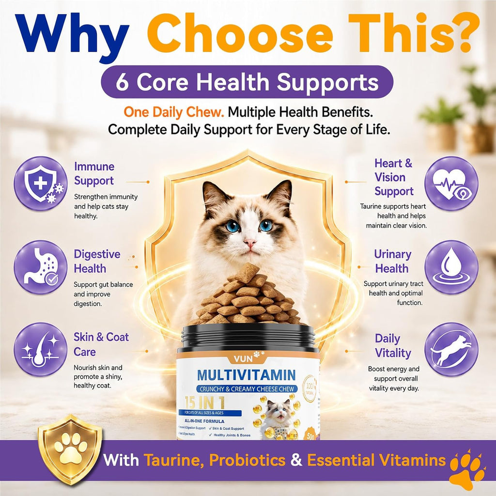 VUN Cat Vitamins Crunchy&Creamy Chews-Multivitamin for Indoor Cats