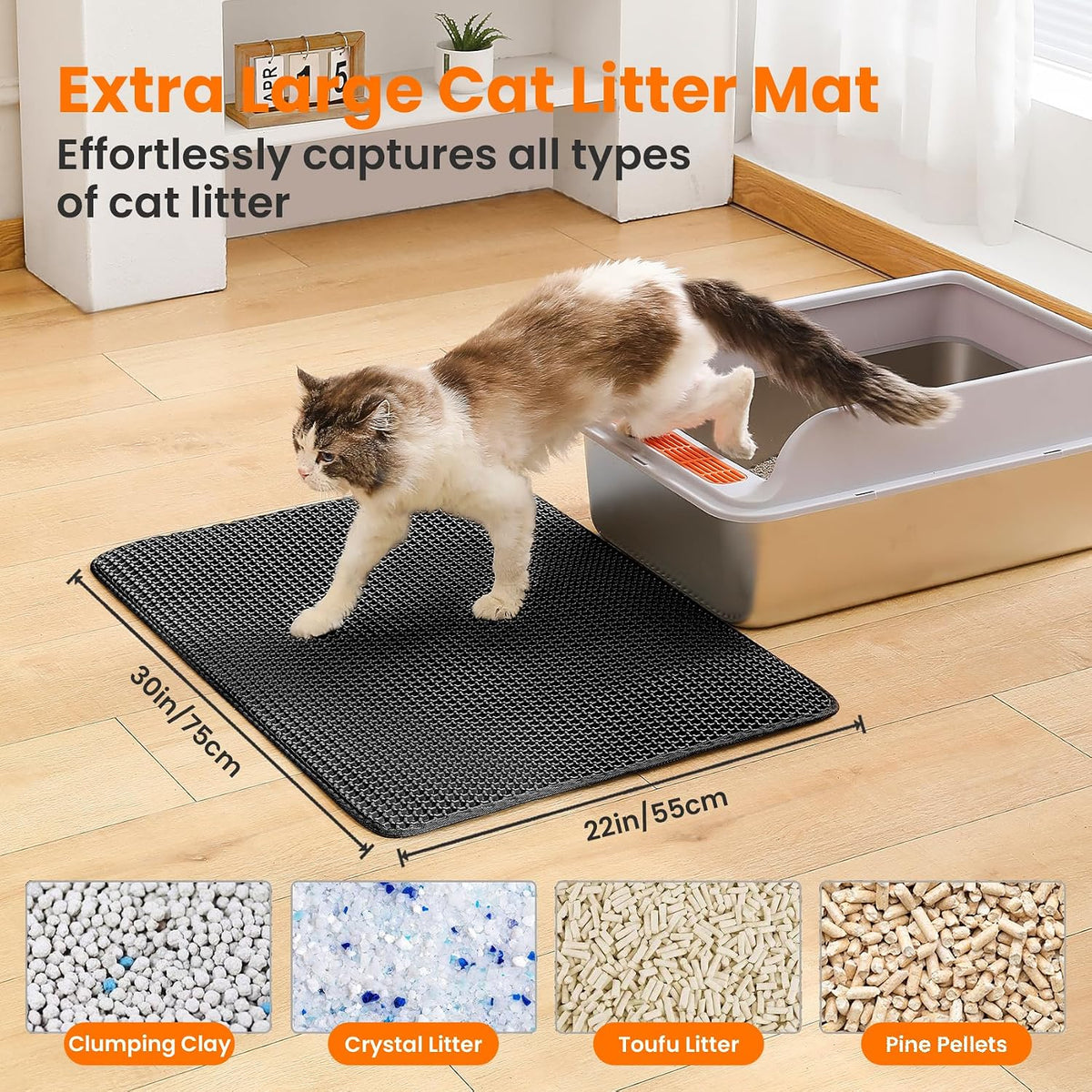 Extra Large Cat Litter Mat, Double Layer Honeycomb Design | 30x22”, Reduces Litter Tracking, Easy to Clean, Waterproof, Non-Slip, Soft on Paws, Scratch Resistant, Black, XL