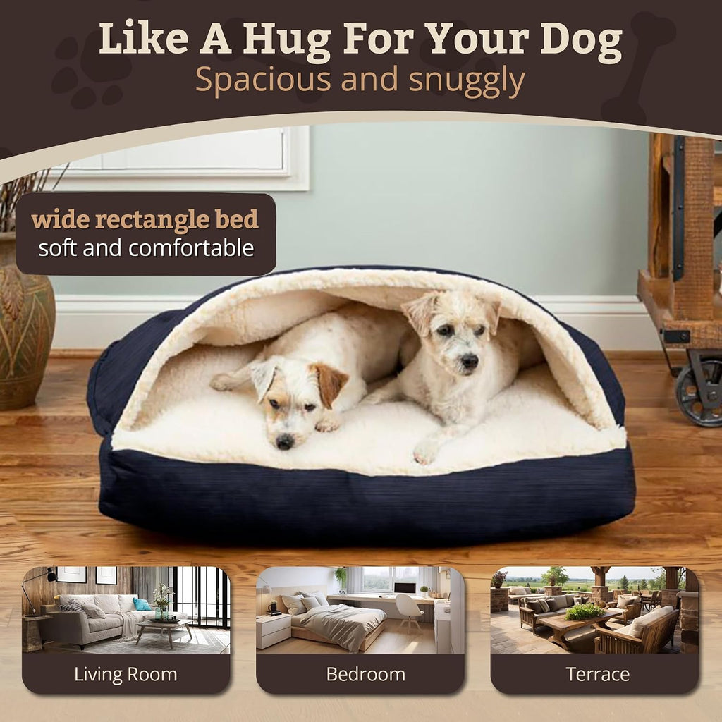 Snoozer Rectangle Cozy Cave Dog Bed, Hooded Dog Bed, Navy (XL)