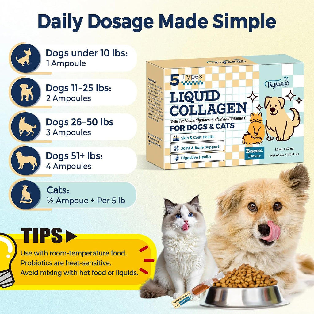 Collagen for Dogs - Liquid Collagen for Dogs & Cats with 5 Collagen Types(I, II, III, V & X) for Skin & Coat, Itch Relief, Hip & Joint, Plus 30B CFU Probiotics, Hyaluronic Acid & Vitamin C,30 Ampoules