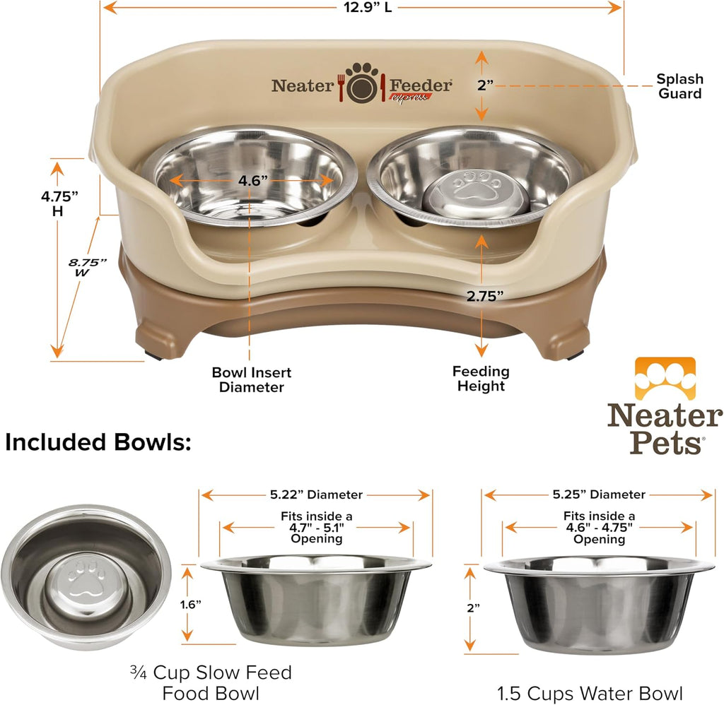 Neater Feeder Express Mess Proof Dog Bowls Elevated for Small Breeds Under 15 Lb, Made in USA, No Spill Raised Dog Food Bowl Stand, Stainless Steel Slow Feed and Standard Water Bowl Set, Cappuccino