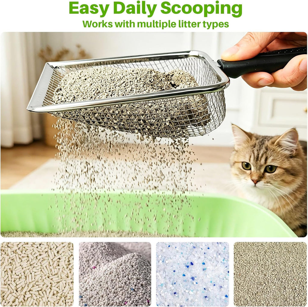 2 Pack Cat Litter Scoop with 3.8mm & 5mm Mesh – Stainless Steel Kitten Litter Scoop with 2 Adhesive Hooks, Metal Cat Poop Scooper for All Litter Types, Efficient Sifting & Easy Cleaning for Litter Box