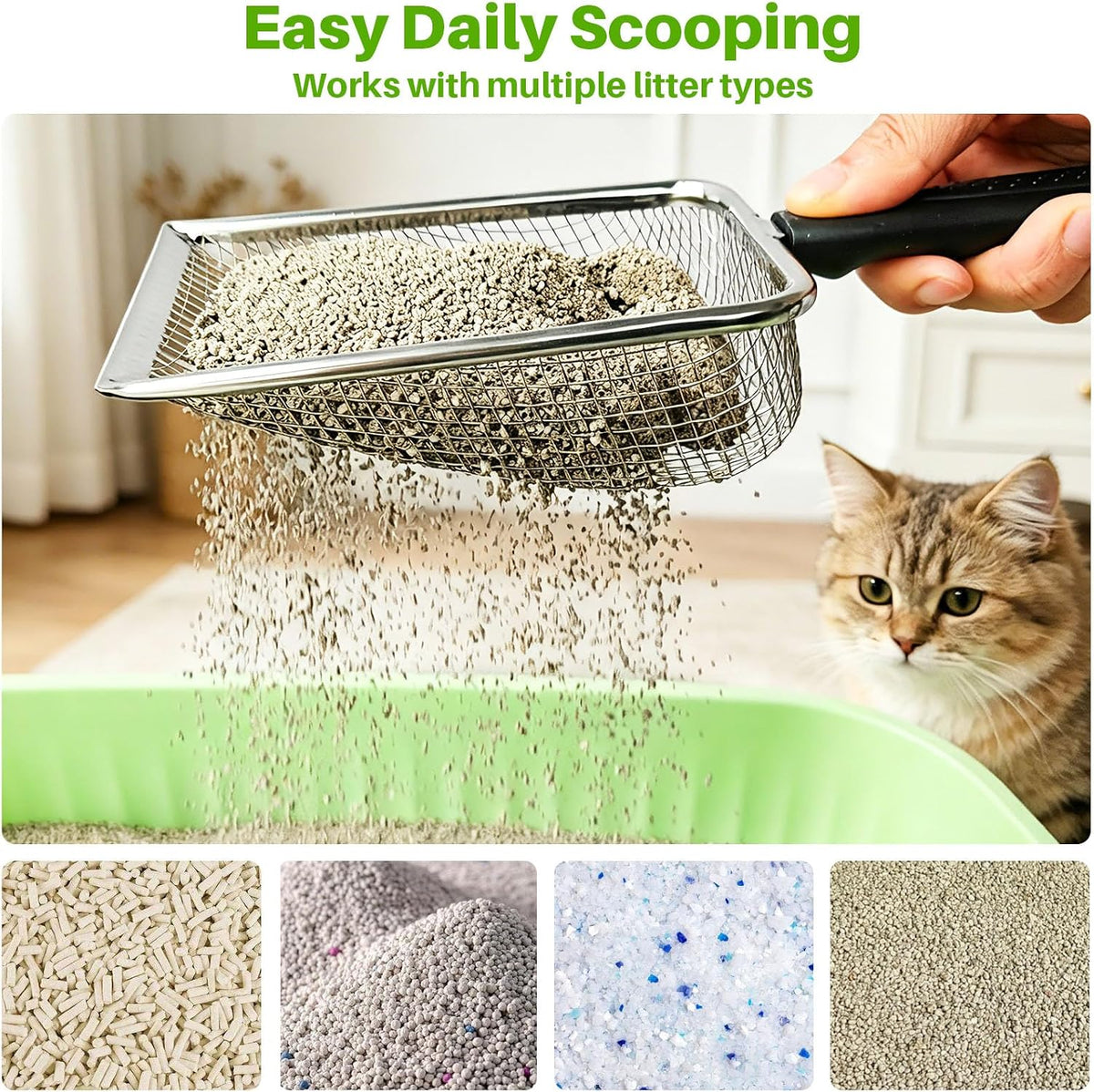 2 Pack Cat Litter Scoop with 3.8mm & 5mm Mesh – Stainless Steel Kitten Litter Scoop with 2 Adhesive Hooks, Metal Cat Poop Scooper for All Litter Types, Efficient Sifting & Easy Cleaning for Litter Box