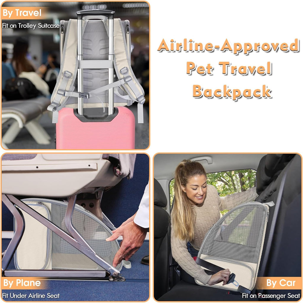 Cat Backpack Carrier, Small Dog Carrier Backpack with Fully Ventilated Mesh, Kitten Wand Feather Toy & Safety Leash, Collapsible Travel Hiking Pet Carrier for Small Dogs Cat Puppy Kitten Bunny (Beige)
