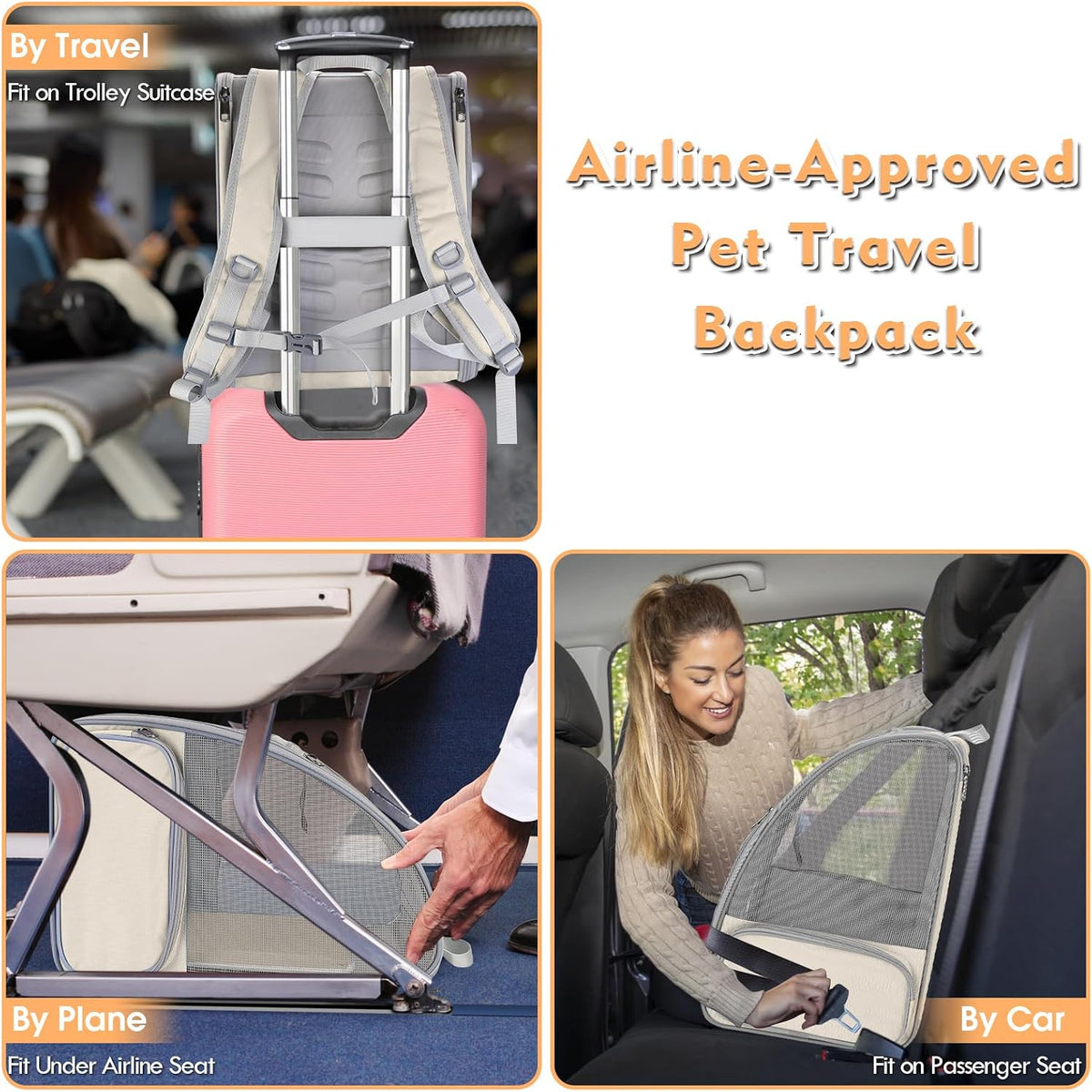 Cat Backpack Carrier, Small Dog Carrier Backpack with Fully Ventilated Mesh, Kitten Wand Feather Toy & Safety Leash, Collapsible Travel Hiking Pet Carrier for Small Dogs Cat Puppy Kitten Bunny (Beige)