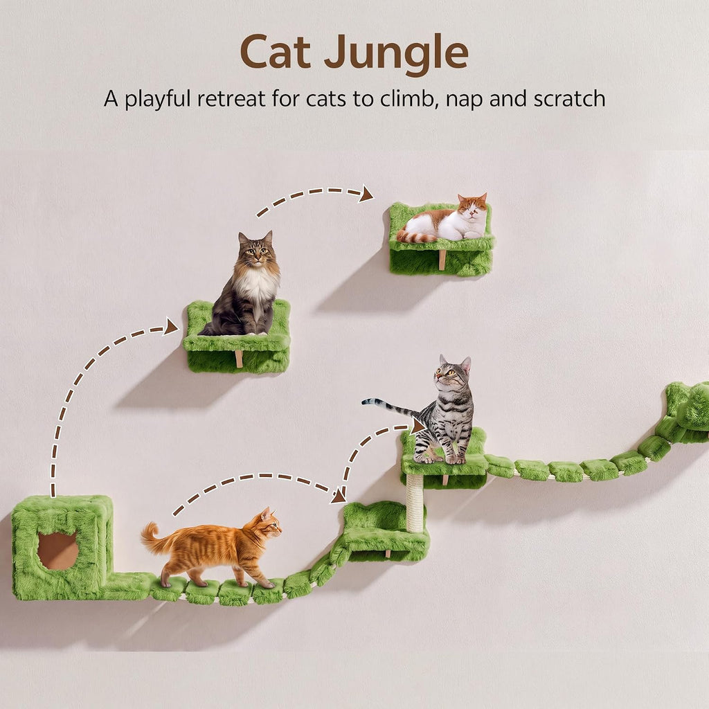 Cat Wall Furniture, 9 in 1 Cat Wall Shelves Set with Bridge, Green