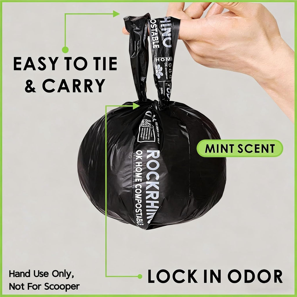 Ultra Thick RockRhino Dog Poop Bags, Multi-Layer Bottom, Opaque Odor-Proof | Easy Open Tie Handles | Certified Compostable Plastic Free | 120 Heavy Duty Bags, Mint Scent, Fits Holder, No Scooper Needed