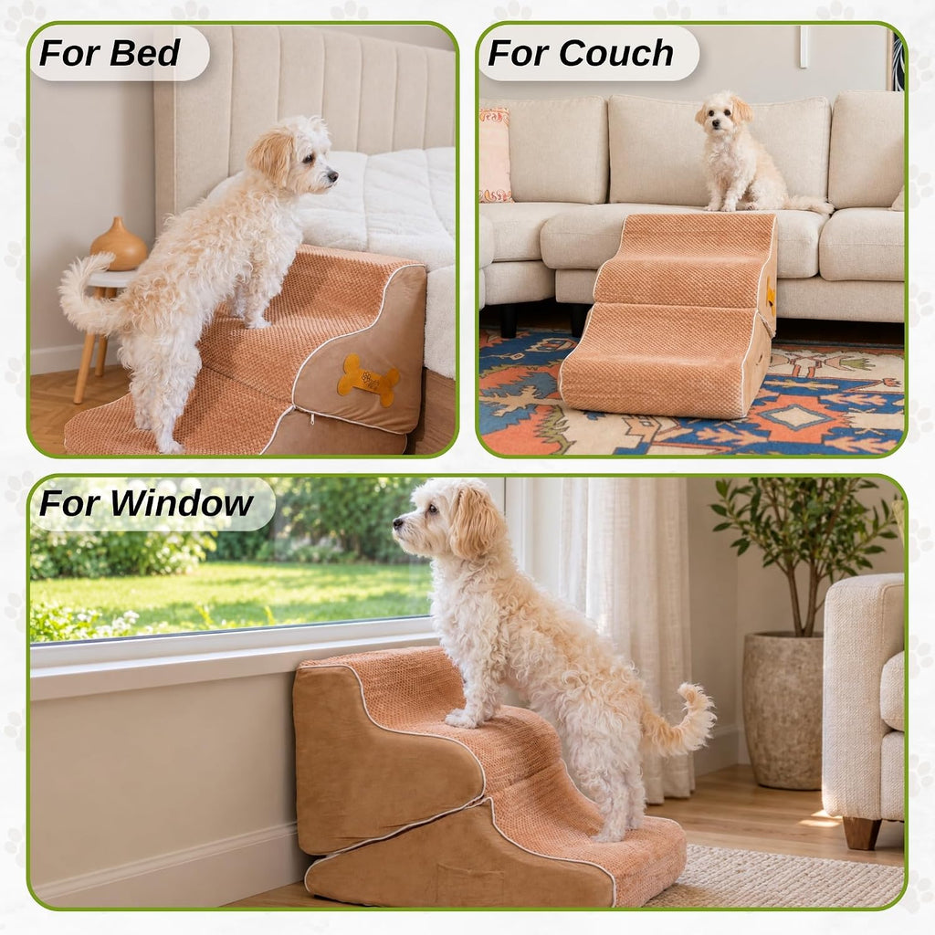 Dog Stairs for Bed & Couch – 2-in-1 Foldable Dog Stairs and Ramp (Beige)