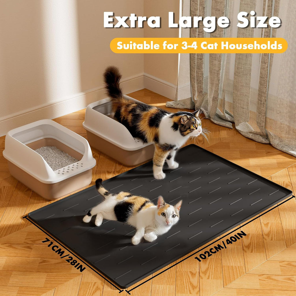 Pieviev Extra Large Silicone Litter Box Mat, Easy to Clean, 40'' x 28'' | Extra-Large Coverage Area Litter Mat, Soft on Kitty Paws, Grooves Reduce Waste, Raised Edges Trap Urine and Spills.