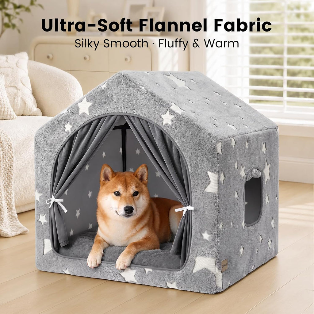 Indoor Dog House with Frame,Glow Dog Tent Bed with Cover Cave,Grey Large
