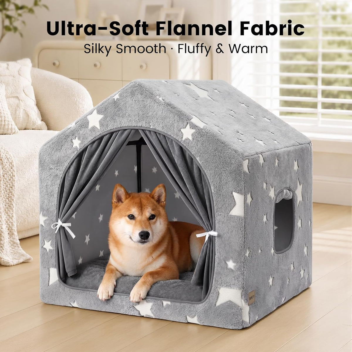 Indoor Dog House with Frame,Glow Dog Tent Bed with Cover Cave,Grey Large