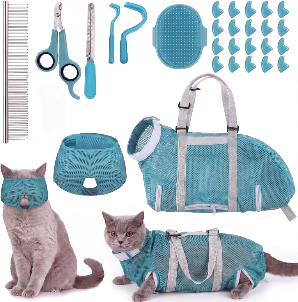 9 Pcs Cat Bathing Bag Anti Scratch Cat Grooming Bag for Nail Trimming Injecting Examining Pet Restraint Bags with Washing Comb Mesh Muzzle Nail Clipper & File Tick Tool