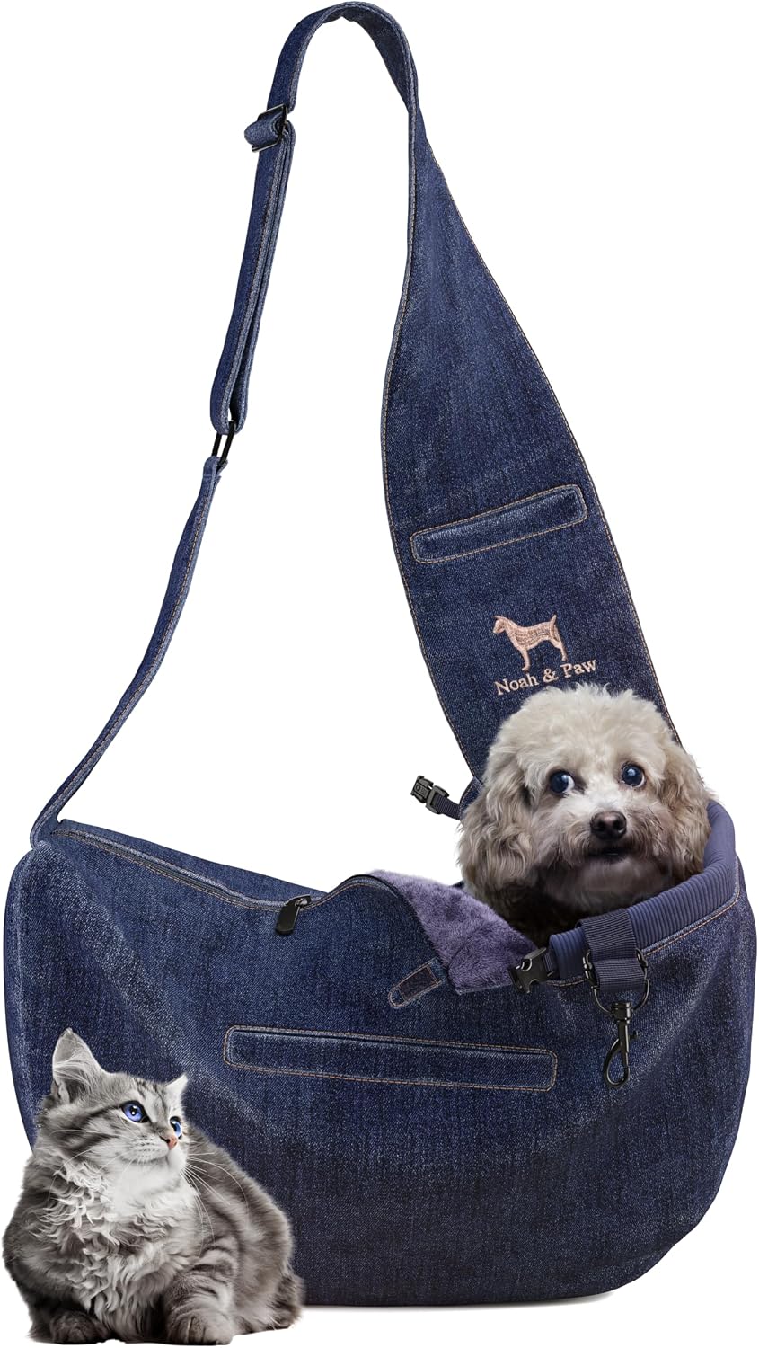 Noah & Paw Dog Sling Carrier for Small Dogs 3-10lb, Dog Sling for Small Dogs and Cats, Dog Carrier with Adjustable Padded Strap, Vegan Denim Lined with Fur, 3X Safety Features, Machine Washable