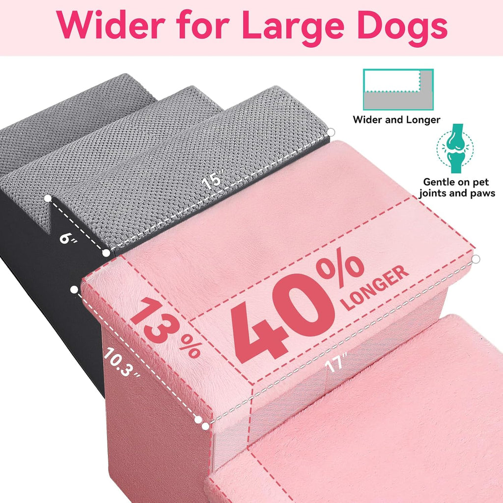 Zerbuger Dog Stairs with Storage, Pink Furry Lids 3 Steps Dog Ramp no Condo