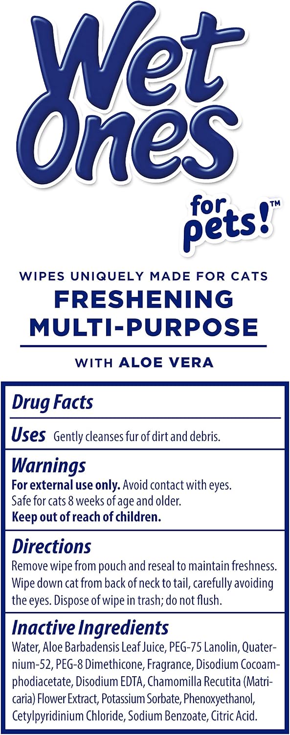 Wet Ones for Pets Freshening Multipurpose Cat Wipes, Fresh Scent, 100 Count | Aloe vera formula, moisture-lock seal keeps cloths clean, suitable for daily grooming between baths 