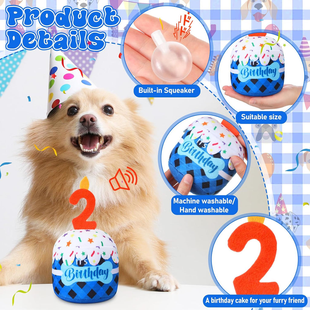 Dansydaisy Dog Birthday Cake Toy Squeaky Plush Gift,2nd,Blue Grid | Interactive Squeaky Gift for Dogs, Dog Birthday Decor , Soft Chew for Small Medium Large Pets, Cake Design with Candle
