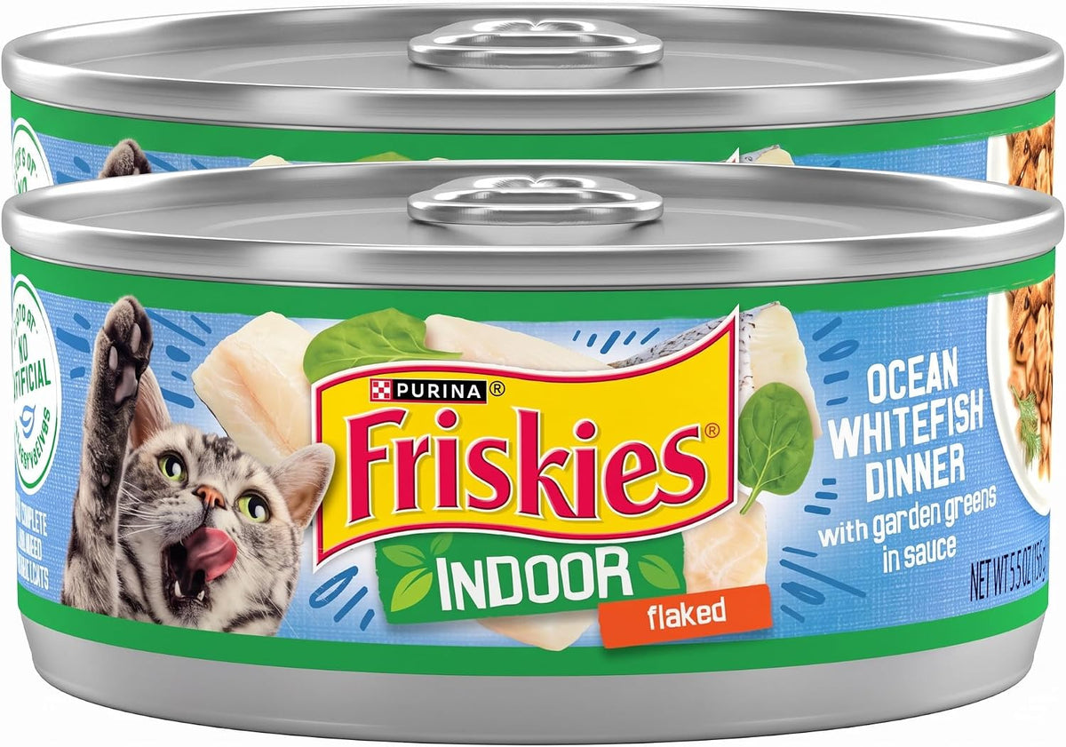 Friskies Purina Indoor Cat Food Flaked Ocean Whitefish Dinner with Garden Greens in Sauce - 5.5 oz. Cans (Pack of 24)
