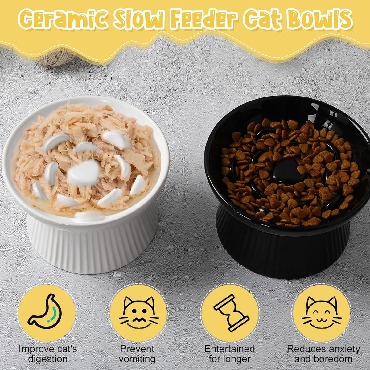 Tioncy 2 Pcs Ceramic Elevated Slow Feeder Cat Bowl, Black, White