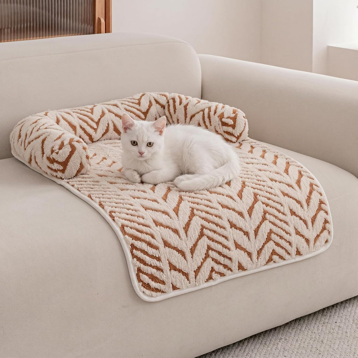 Calming Dog Couch Bed Mats with Neck and Head Support, Fluffy Plush Pet Sofa Cover for Small Medium Dogs and Cats, Non-Slip Bottom, Machine Washable