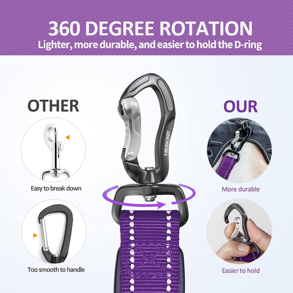 IOKHEIRA Multifunctional Dog Leash for Large and Medium Dogs - Adjustable With Car Seatbelt, 4-6 FT Strong Bungee, Purple