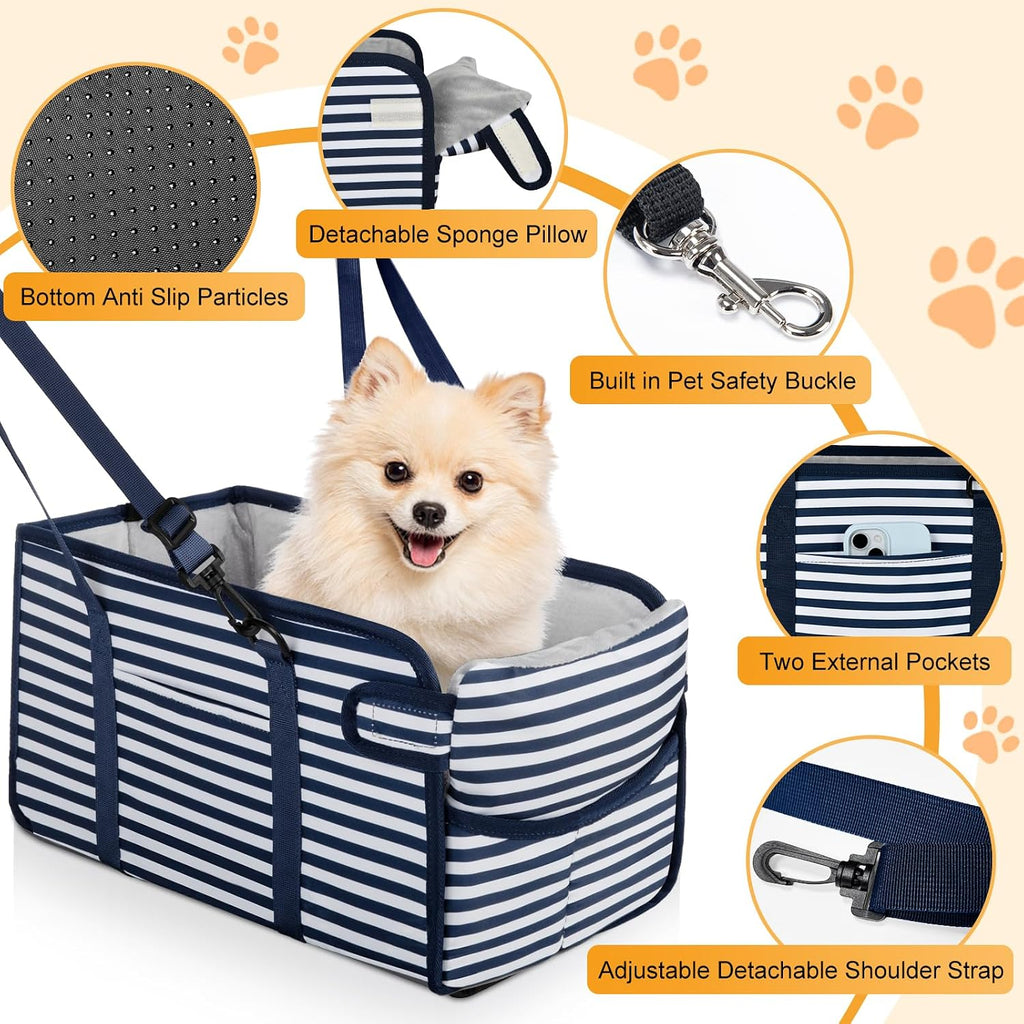 Portable Dog Car Seat for Small Dogs, Puppy Car Seat, Blue Stripes