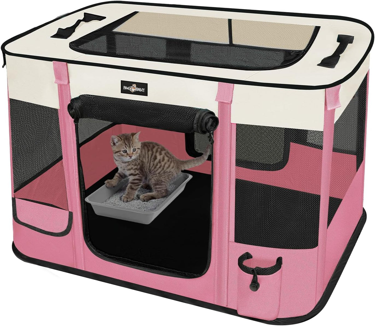 Paw Ballet Foldable Pet Kitten Playpen, Upgrade Waterproof Portable Cat Dog Playpen Kennel Tent for Dog Cat, Retractable Shade Cover with Free Carrying Case, Indoor Outdoor Use for Small Pet.
