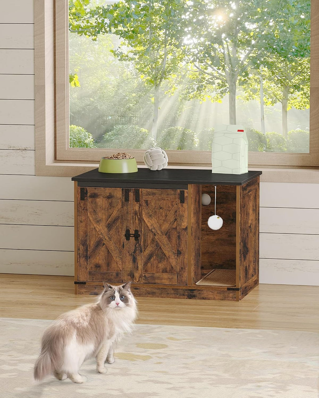 Hzuaneri Cat Litter Box Enclosure, Hidden Litter Box Cabinet Furniture | Indoor Cat House with Bell, Farmhouse Style, 31.5 x 19.7 x 20.9 Inches, for Hallway, Bedroom, Rustic Brown and Black CB82401X