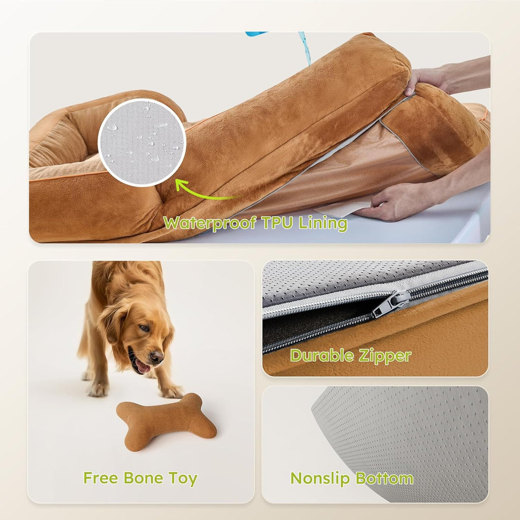 CWAWZ XXL Dog Bed - Giant Orthopedic, Cooling Gel Memory Foam, Waterproof with Removable Cover, 53" Sofa Bed, Dutch Velvet with Bone Toy, Brown