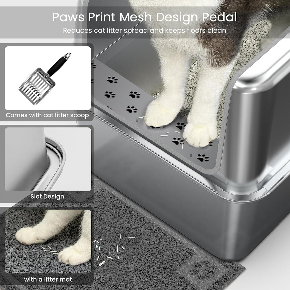 Enclosed Stainless Steel Cat Litter Box with Lid, XL Pan for Big Cats
