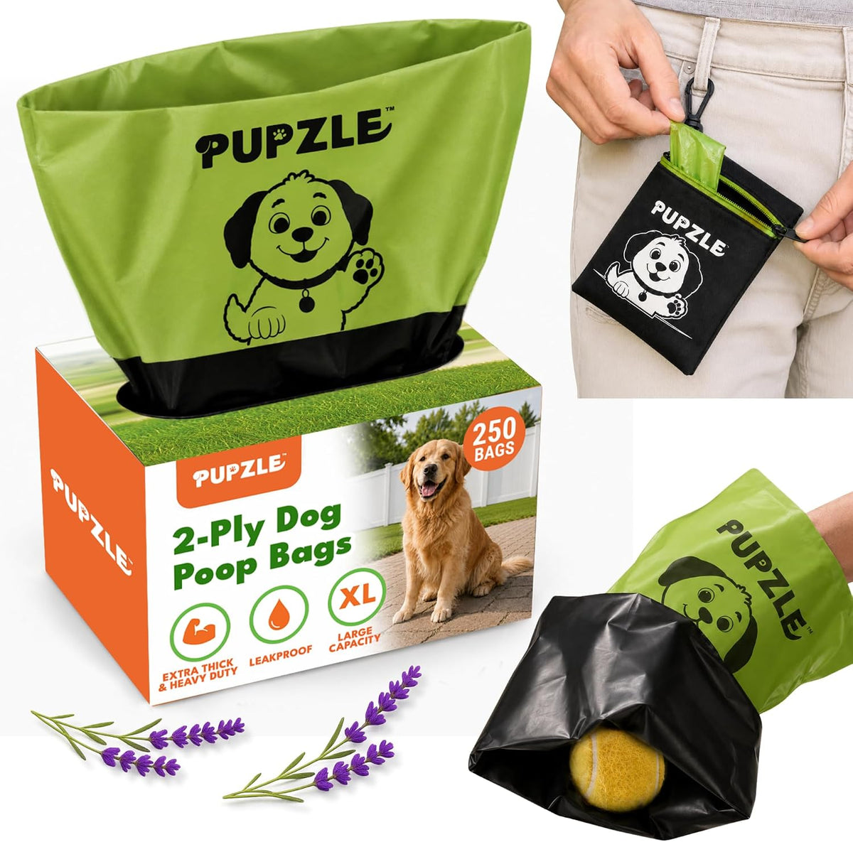 Pupzle 2-Ply Thick Dog Poop Bags For Dogs, Multi-layered Hand Protection | Thick Dog Poop Bags and Odor Blocking Heavy Duty Large Doggy Bags, Includes Pouch, Lavender Scented 250 Bags For Pet Waste